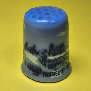 Currier and Ives Sewing Thimble The Farmers Home Porcelain Winter Scene Blue